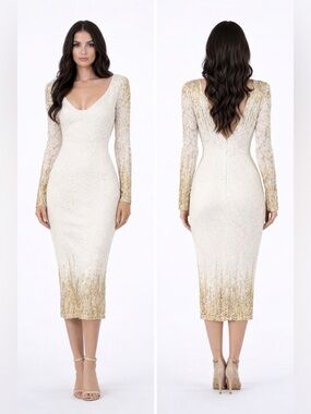 Va Va Voom White and Gold Ombre Sequin Long-Sleeve Midi Dress
